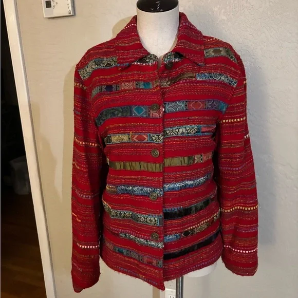 Cold water Creek Women's Red Tapestry Patterned Jacket sz M - Picture 3 of 6